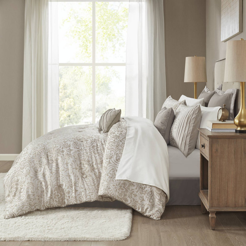 Ensemble d'édredon en jacquard avec draps 12 pièces Emilia, Édredon pour grand lit + 11 pièces supplémentai, Kaki