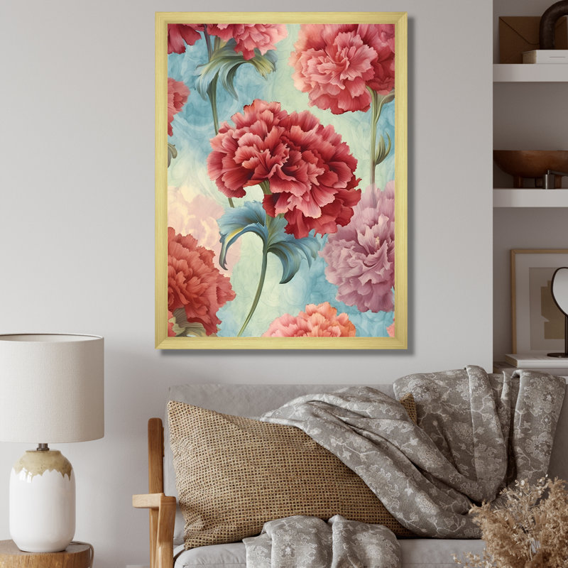 Harmonie des œillets rouges sur toile, H 32 po x l 24 po x P 1 po, Cadre doré à une seule photo