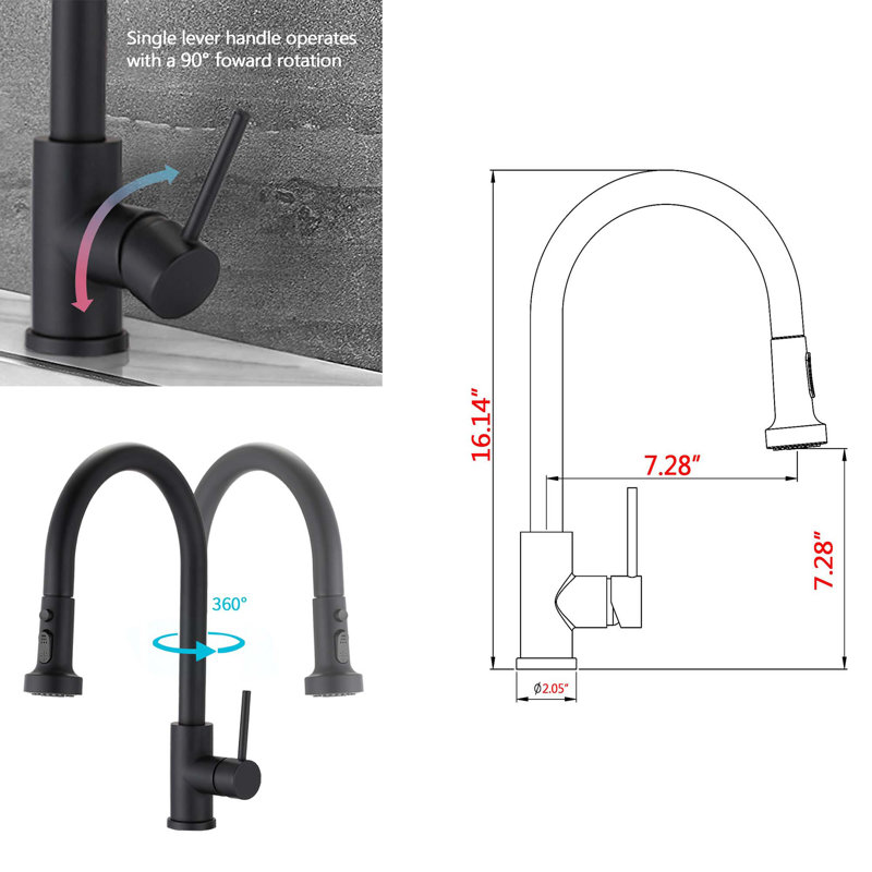 Robinet de cuisine rétractable à un trou, Noir mat