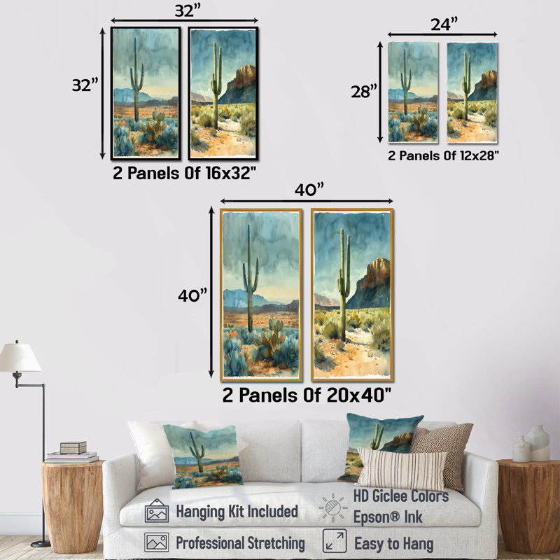 Cactus vert gris, désert, rêve I - ensemble de 2 cactus floraux, H 40 po x l 40 po, Ne s’applique pas, Toile tendue sur cadre