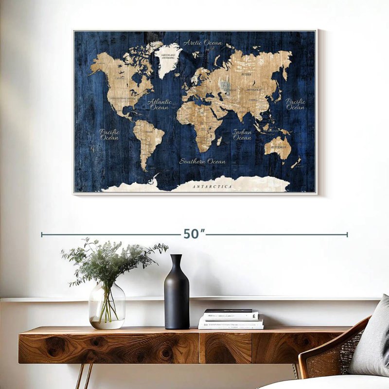 Carte du monde en bois texturé, Cadre flottant blanc, 40 po x 27 po