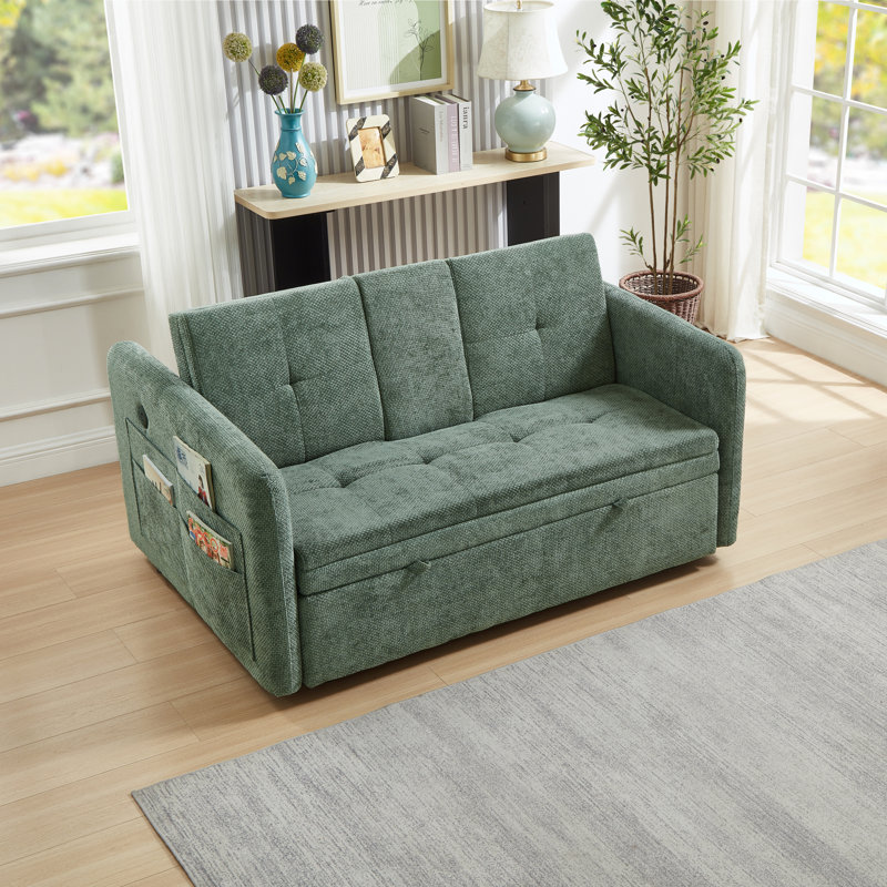 57" 3 In 1 Convertible Sleeper Sofa Bed with two cup holders, Futon Couch with Side Pocket, Usb, Green