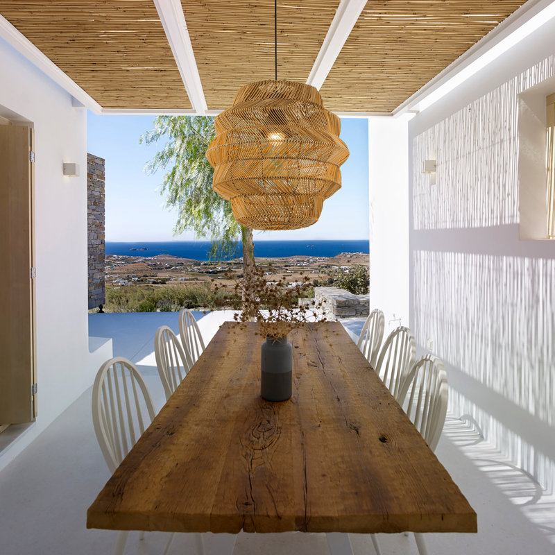1-Light Wicker Outdoor Pendant, Coastal Boho Tiered Drum - Handwoven-Tan Shade, Tan