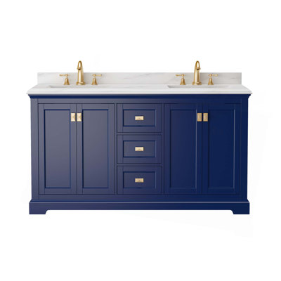 Meuble-lavabo autoportant avec lavabo, comptoir en marbre d'ingénierie Carrara avec lavabo et dosseret en céramique rectangulaire encastré, grand rangement à fermeture en douceur