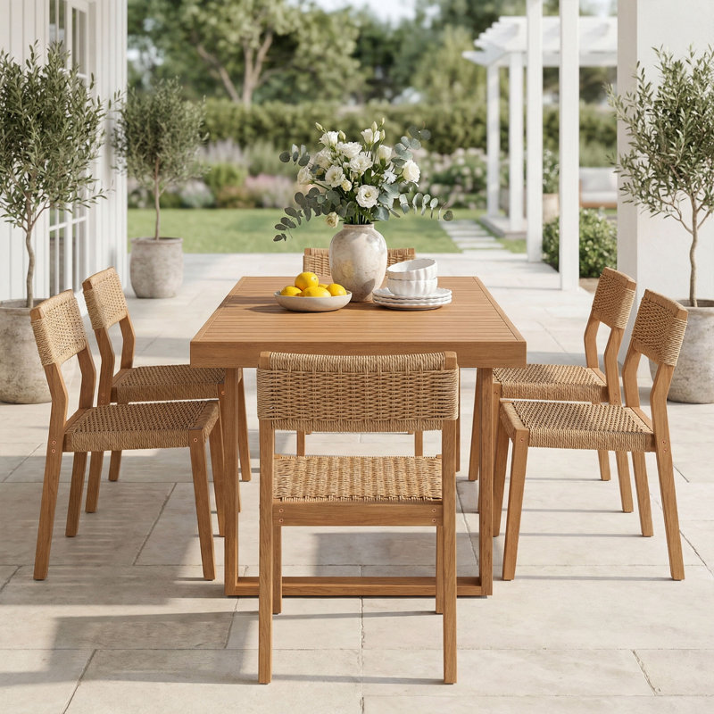 Outdoor 6-person Solid Wood Table And Dinning Chair Set With Umbrella Holes