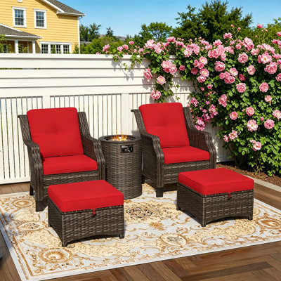 2-Person Outdoor Patio Conversation Rattan Seating Group With 2-In-1 Propane Fire Pit Table,2 Ottomans and Red Cushions