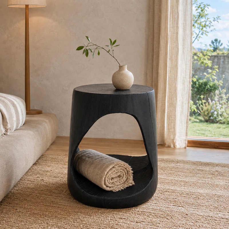 Tabouret latéral moderne sculptural avec base ouverte, pièce intérieure / extérieure, Noir
