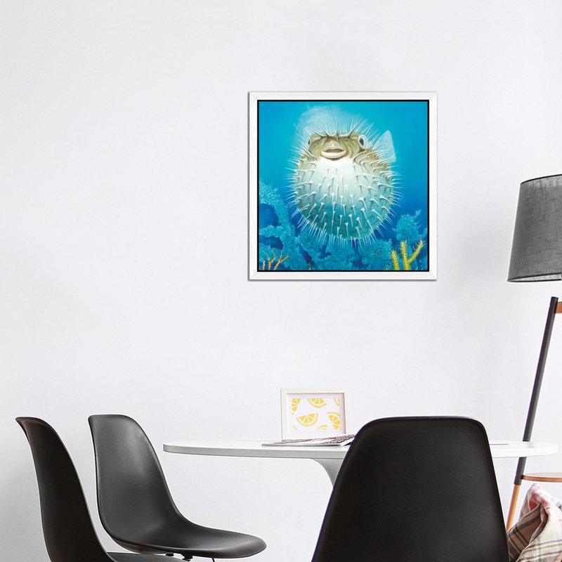 Puffer Fish by Durwood Coffey - Painting on Canvas, 66.04 cm H x 66.04 cm W, White Framed