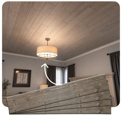 Faux wood ceiling planks installed on a bedroom ceiling with a wood grain texture.