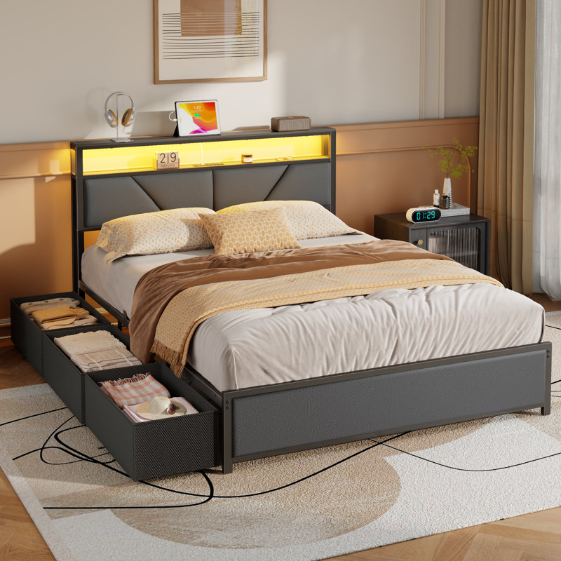 Queen Bed Frame with 6 Underbed Drawers and Open Storage Headboard, Upholstered Platform Bed with Adjustable LED Light and Charging Station, No Box Spring Needed