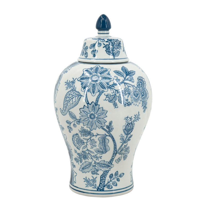 Porcelain Lidded Jar - Blue/White, 12.6" H x 7.1" W x 7.1" D