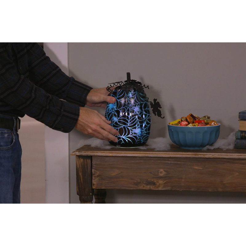 Décoration de table DEL en forme de citrouille en verre avec toile d'araignée éclairée 