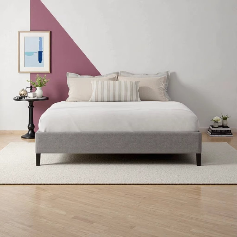 Black and Gray Queen Upholstered Bed Frame Foundation with Tool-Free Assembly, Queen