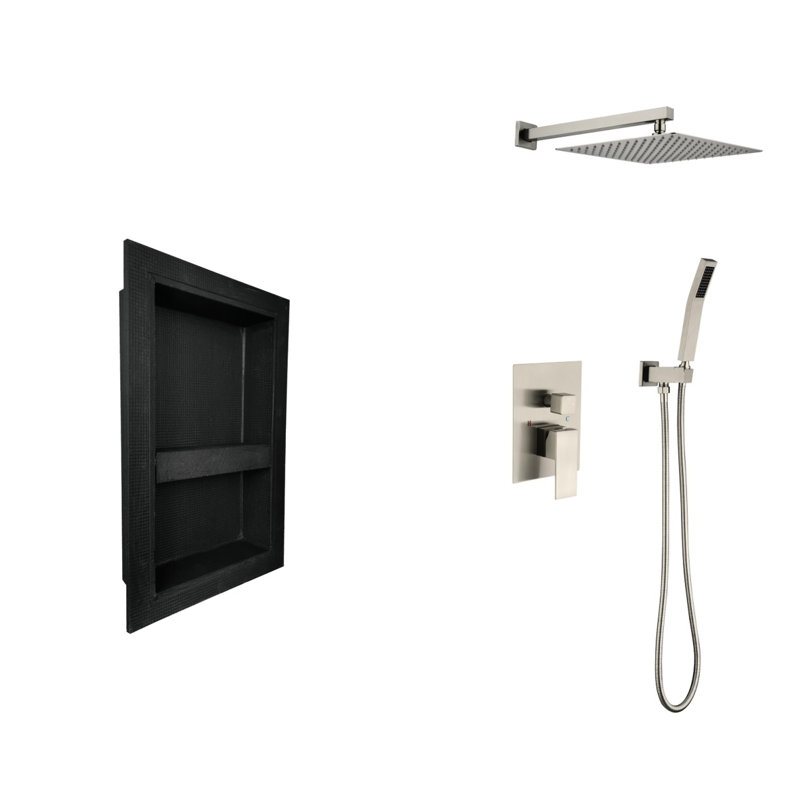 Shower System In Brushed Nickel. Includes Head, Hand Shower, Hose, Valve Trim, Lever Handles, Niche. Wall Mounted. Provides Natural Rainfall Showering Experience. Self-Cleaning Nozzle. Fits American