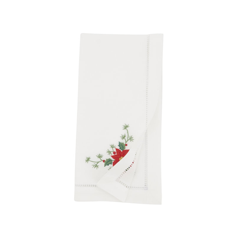 Whimsical Poinsettia Embroidered White Cotton Napkins, Set of 6