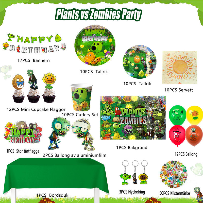 Plants vs Zombies Birthday Decorations, 139pcs Decoration & Tableware Set