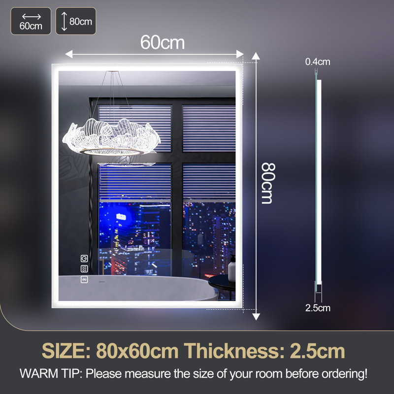 Wall-Mounted Bathroom Mirror with Lights, Fog-free, Inside Bluetooth Speaker, 60cm H x 80cm W