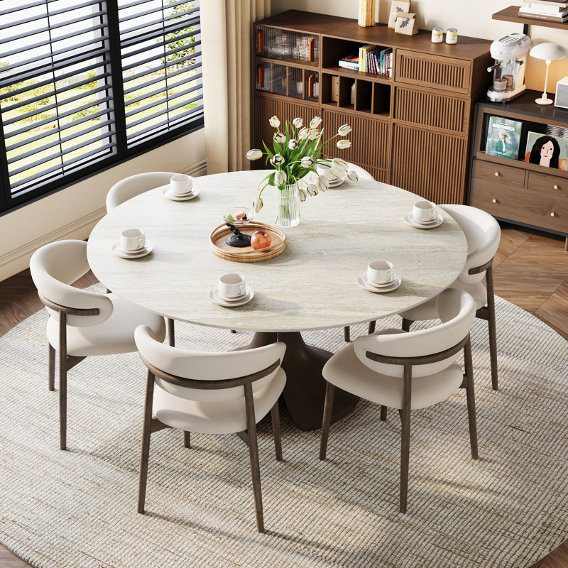 Aurora 47‘’/53‘’/59‘’ Farmhouse Round Sintered Stone Dining Table - Sculptural Solid Hardwood Pedestal For 4-8