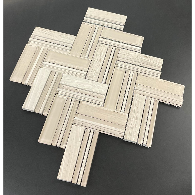Glass Herringbone / Chevron Mosaic Tile, White Carrara / White Glass