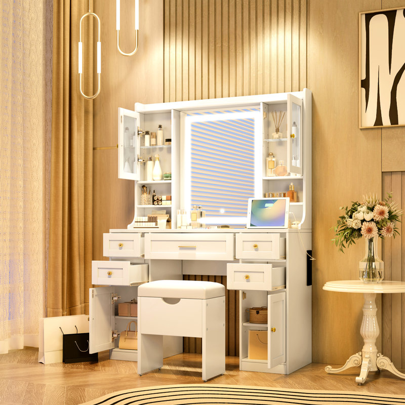 Meuble-lavabo blanc 41,4 po avec éclairage réglable, 5 tiroirs, 4 armoires, station de charge, tabouret rembourré et extérieur rétro - configuration idéale pour une chambre à coucher