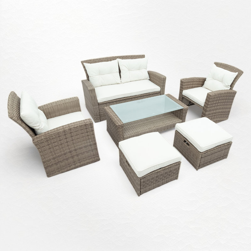 Rattan Sofa Seating Group with Cushions, Beige, 6 Pcs: Table,  Sofa,  2 Chairs, 2 Ottomans