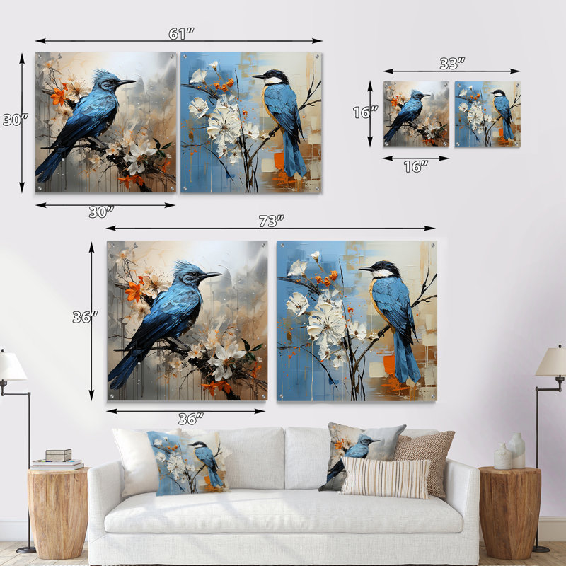 Oiseau bleu, minimalisme, fleurs blanches, oiseau, H 16 po x l 33 po