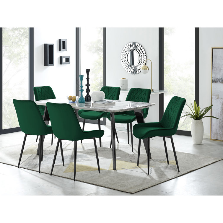 Anders Modern High Gloss Marble Effect Dining Table Set with 6 Luxury Velvet Dining Chairs