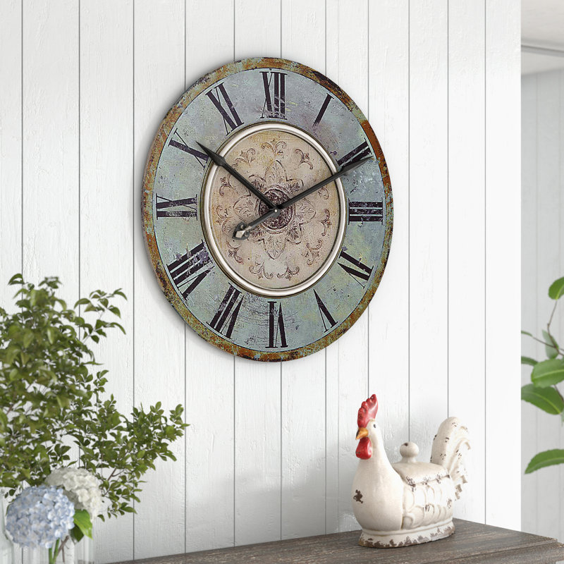 Decorative Round Wood Wall Clock with Distressed Finish