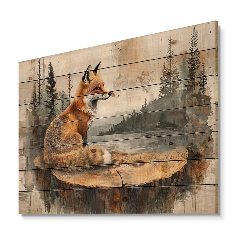 «Silent Fox In Forest Landscape I», art mural animal sur bois de pin naturel, H 10 po x l 20 po