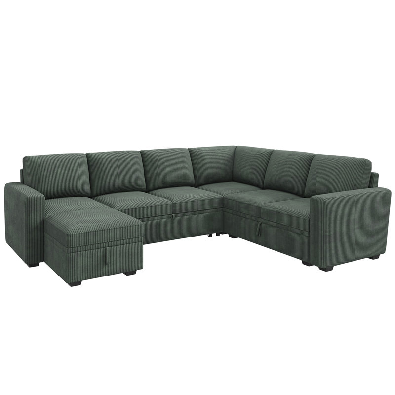 Canapé-lit modulaire en U avec rangement Anureet Latitude Run®, Velours côtelé vert