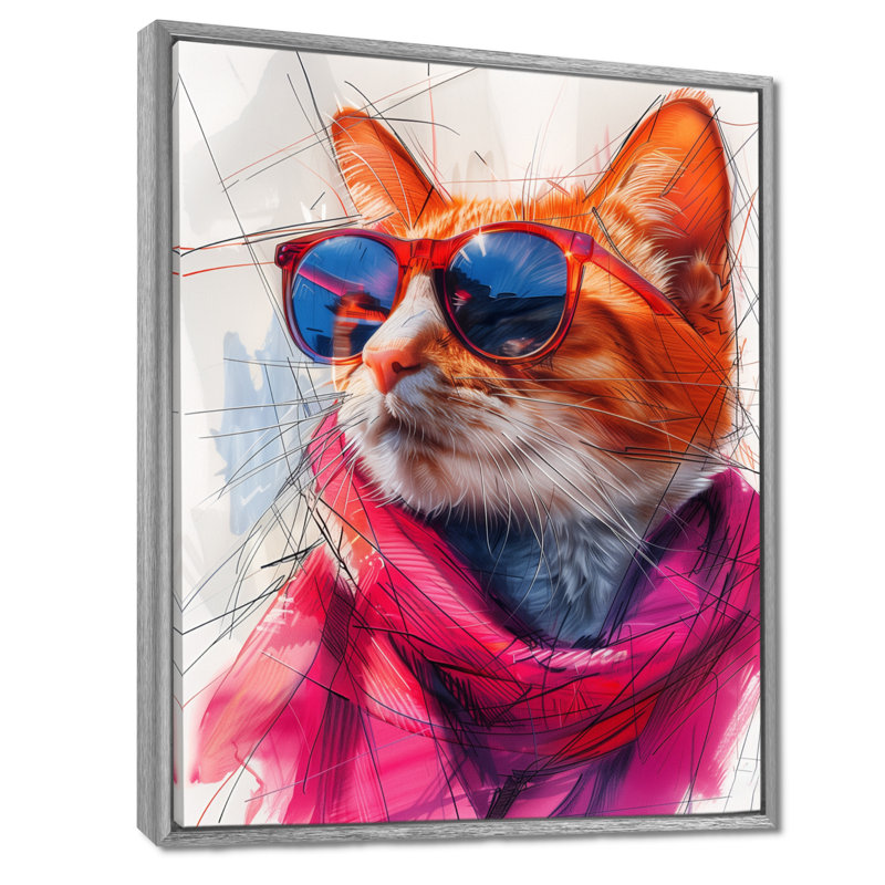 Chat curieux rose avec lunettes de soleil, Encadrement argenté, H 12 po x l 20 po x P 1 po