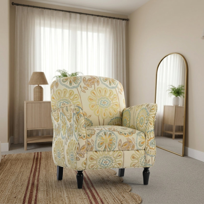 Chaise d'appoint moderne et ergonomique avec design tissé et pieds en bouleau, Beige / jaune