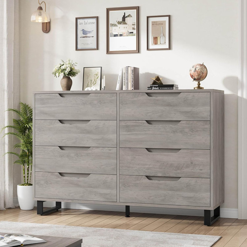 Farmhouse 8-Drawer Wide Dresser – Sturdy Metal Legs – Large Capacity Wooden Storage Cabinet for Bedroom, Living Room, Entryway – Freestanding Organizer – Ash Grey, 8-Drawer Chest Gray