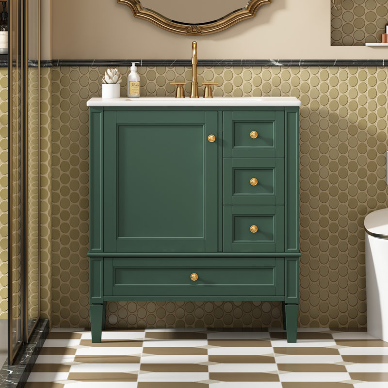 Meuble-lavabo moderne de 30 po avec lavabo en céramique, meuble-lavabo à 3 tiroirs et cadre en bois massif, Vert
