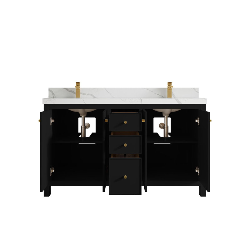 Meuble-lavabo double 60 po avec plateau en quartz Bronya