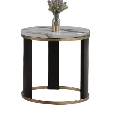 Contemporary Style Round End Table Marble Top Gold Rings Wooden Legs Gold White And Black Finish