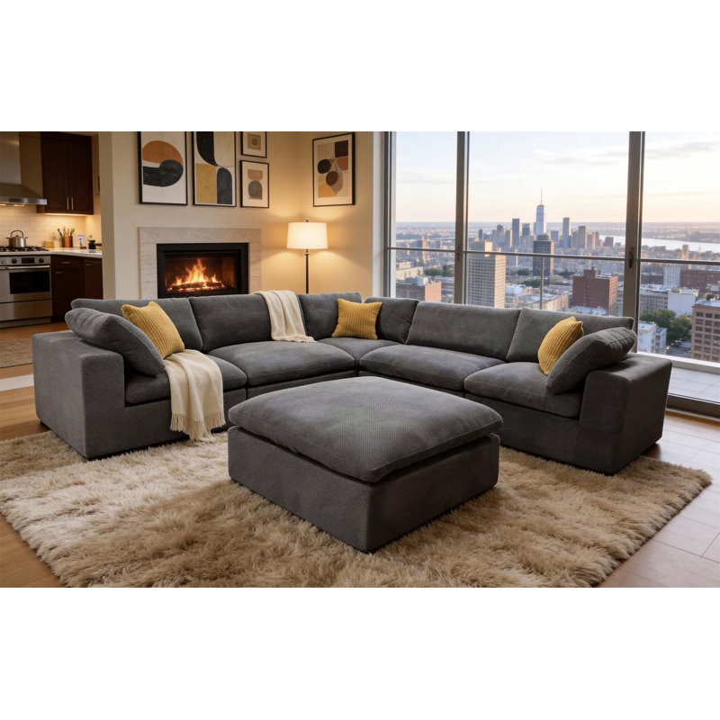 Grain de café modulaire entièrement rembourré avec coussins décoratifs, Mélange de polyester - gris clair