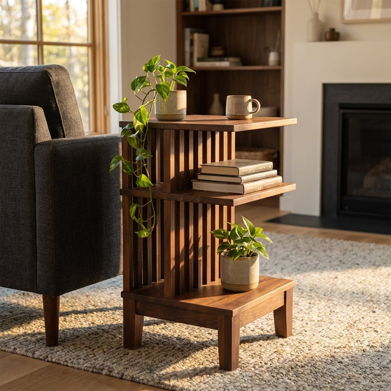 Table de chevet en bois de noyer foncé | Table d'appoint avec tablette d'appoint