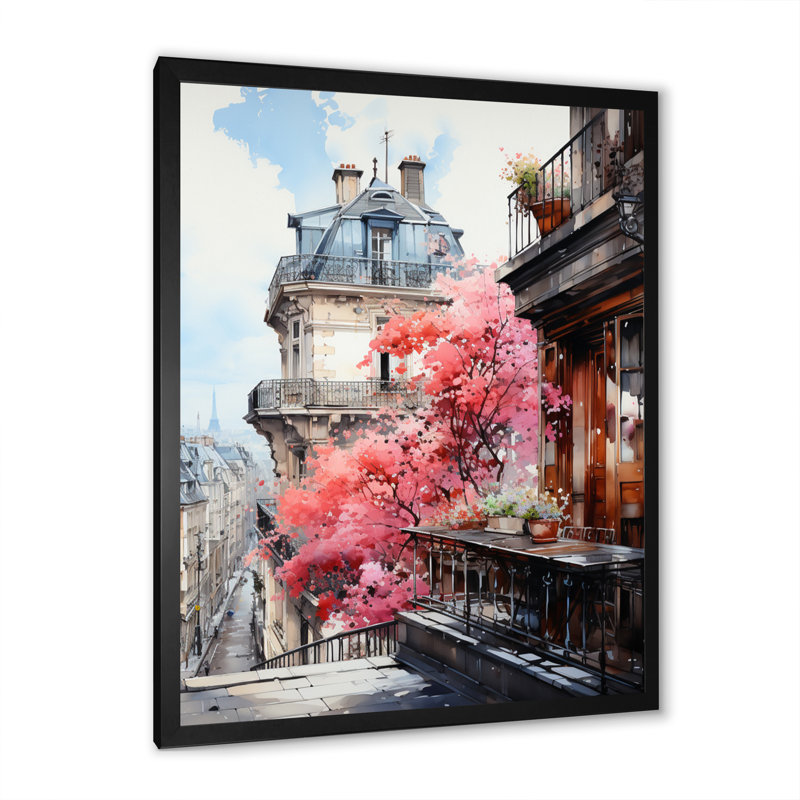 " Pink Paris Parisian Balconies I ", Black Picture Frame, 20" H x 12" W x 1" D
