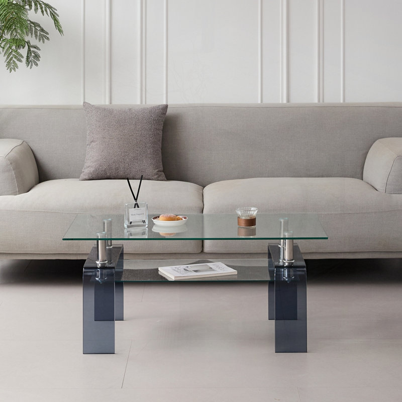Table basse à 2 niveaux avec rangement en verre trempé, Fumée