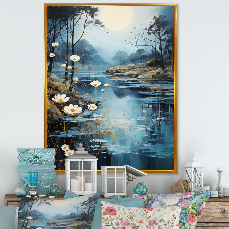 «Blue Moonlit River Blooms I», art mural rivière, Cadre flottant doré, H 44 po x l 34 po x P 1,5 po
