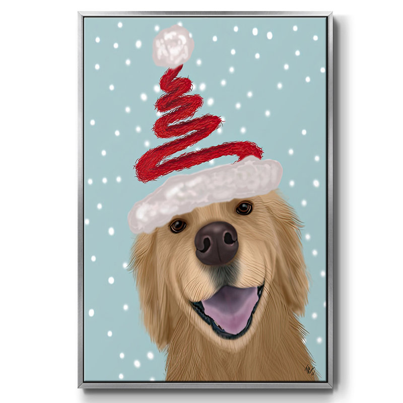 «Christmas Golden Retriever And Spring Santa Hat», reproduction d'art sur toile encadrée, Gris, H 41 po x l 27 po x P 1,5 po