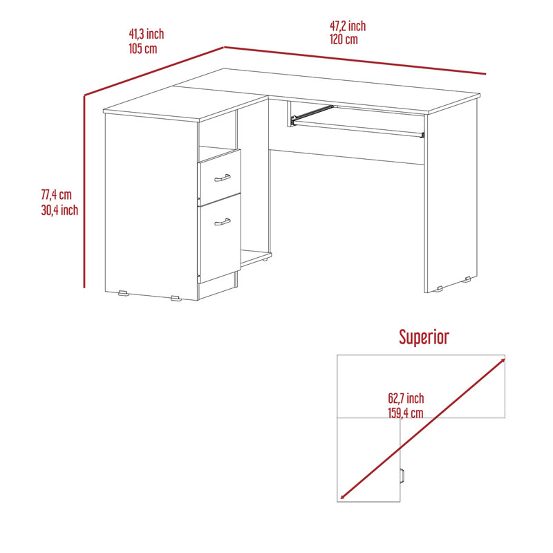 Bureau d'écriture en L 47,20 po, Gris clair