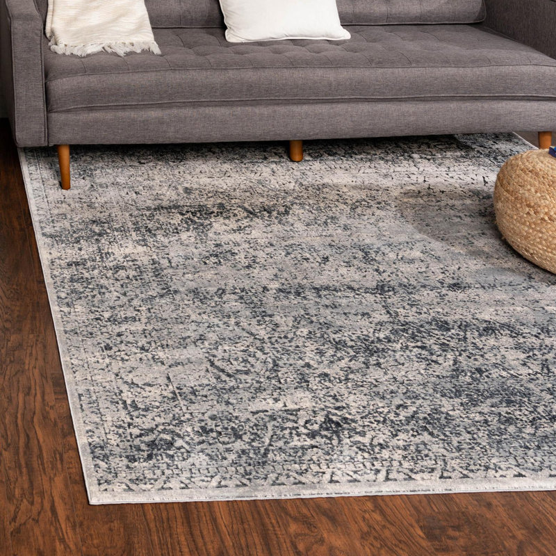 Tapis oriental bleu et gris Lanett, Carré 7 pi 1 po