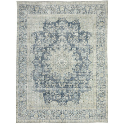 Tapis unique bleu fileté 9 pi 5 po x 12 pi 9 po Filer