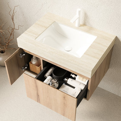 Lavabo de salle de bain flottant 30 po, rangement en contreplaqué avec porte et tiroir, plateau en pierre frittée, 1 trou pré-percé en céramique, style chêne blanc, assemblage à fermeture en douceur, meuble-lavabo, armoire, comptoir,