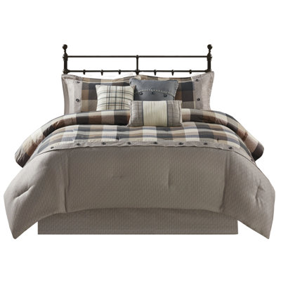 Édredon à chevrons pour très grand lit, 7 pièces, couleur neutre, style écossais Buffalo, rembourré, avec édredon, taies décoratives, coussins décoratifs, jupe de lit, pièce facile à nettoyer, aspect, lavable à la machine