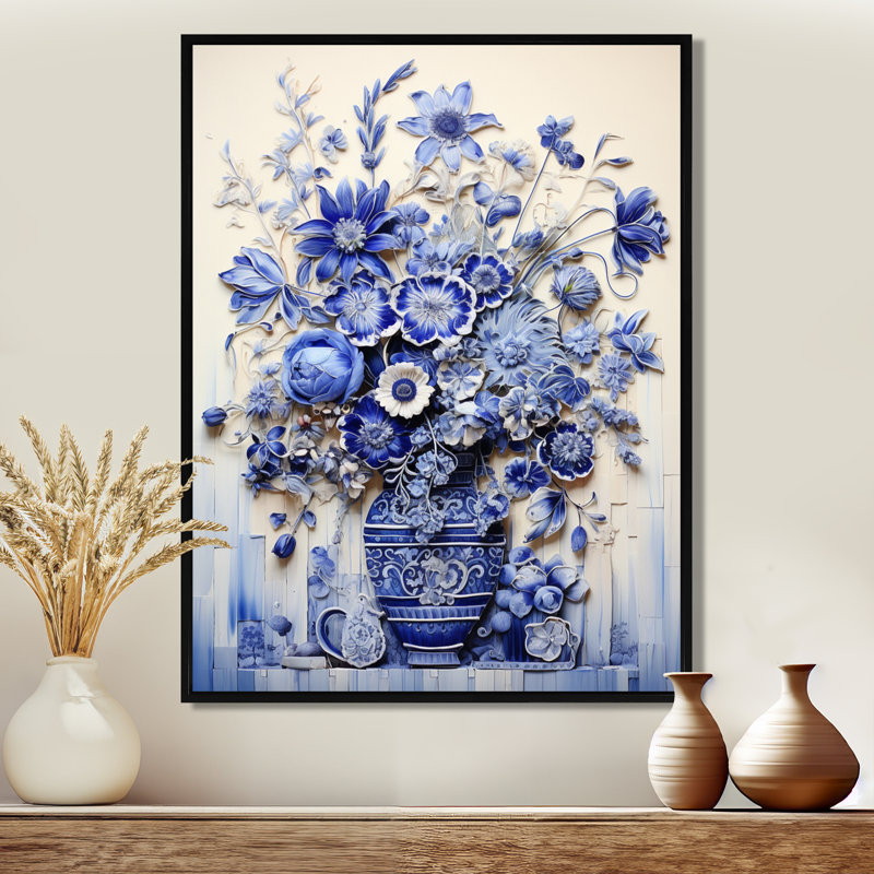 «Blue and White Boho plant Pottery II», impression sur toile Boho Pottery, H 32 po x l 24 po x P 1 po, Cadre flottant noir