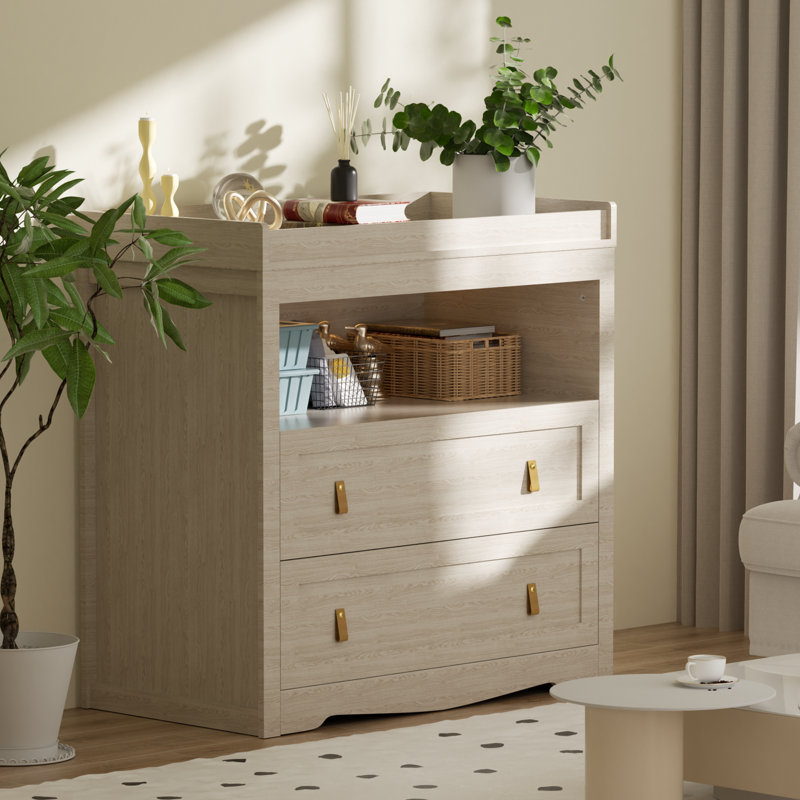 Table à langer en bois 35,4 po, commode à 2 tiroirs, commode avec rangement ouvert