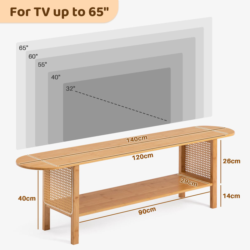 140cm Solid Bamboo & Rattan TV Unit, Double-Layer Open Storage  Fits TVs up to 65", Light Wood
